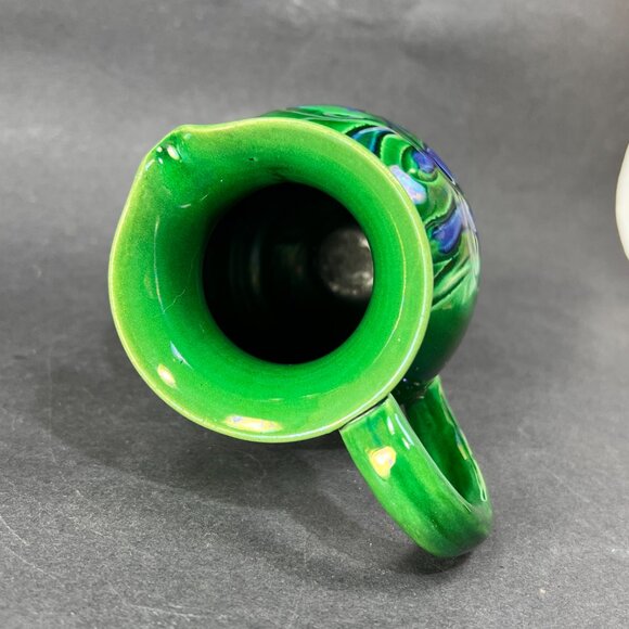 Antique Awaji Pottery Blue White Iris Green Pitcher Awaji Ware Glazed Japan - Picture 7 of 16